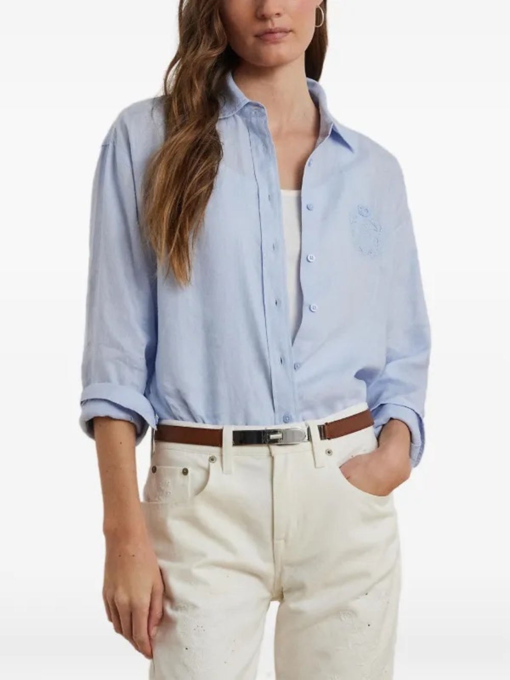 Lauren Ralph Lauren Oversize Striped Floral-Logo Linen Shirt Light Blue XXL - Picture 2 of 10